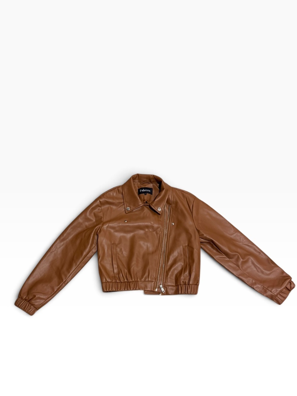 FAHSYEE Brown Faux Leather Cropped Moto Jacket – Size Medium